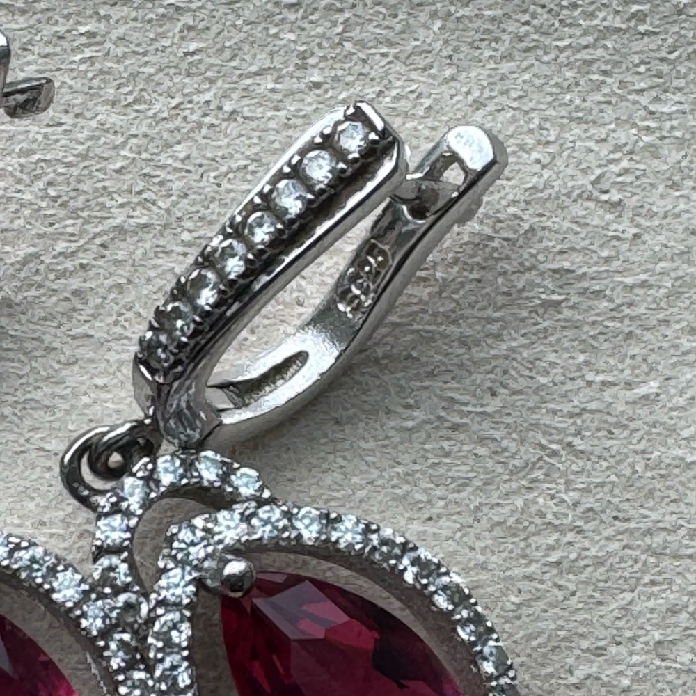 Pear cut red ruby halo and drop earrings - Picture 3 of 5